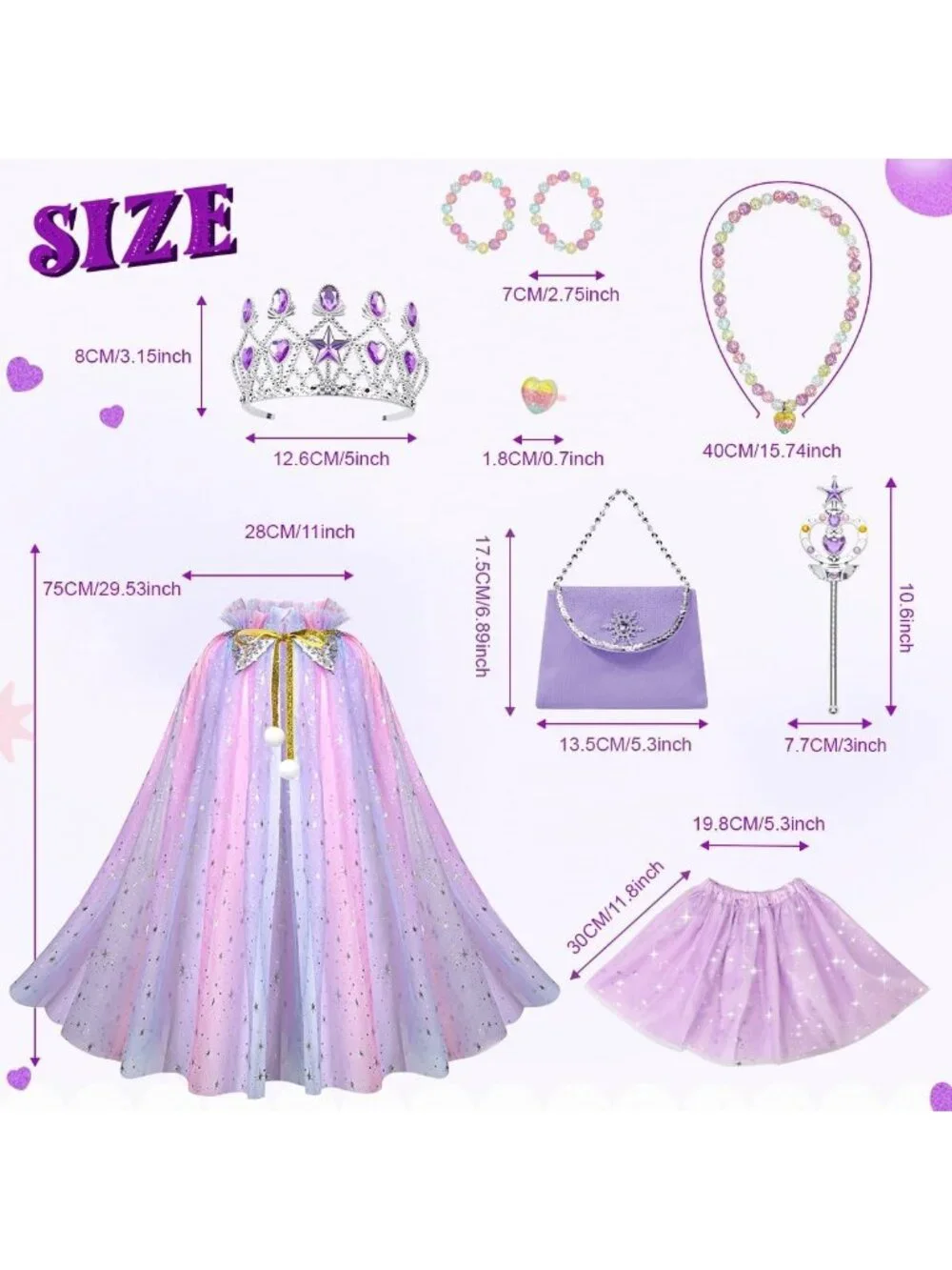 Princess Dress Up Cape with Crown & Tutu Costume Set for Girls Ages 3-8-Purple